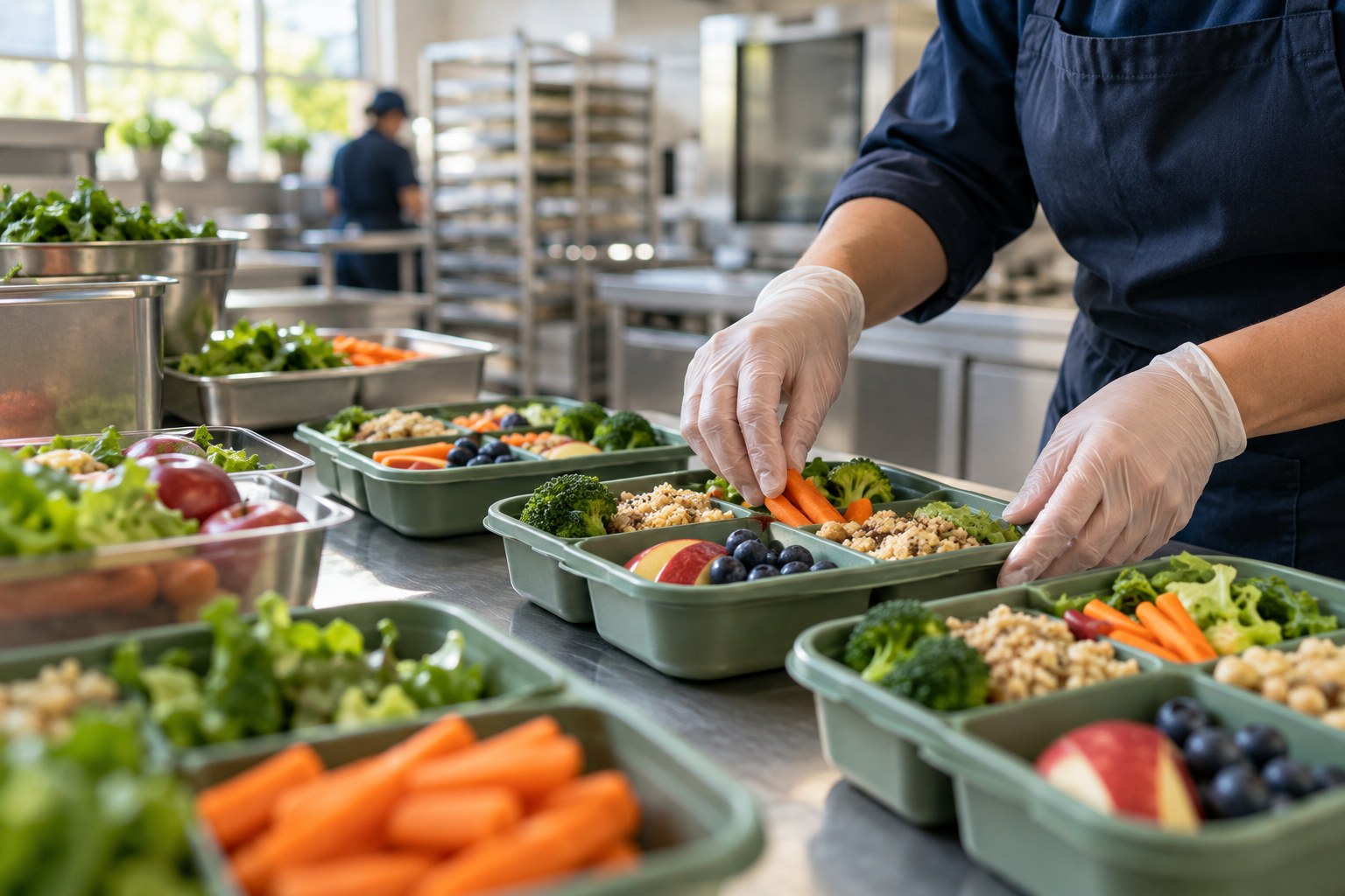 Hands preparing balanced meals in a professional school nutrition kitchen
